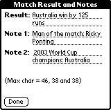 Match result and notes